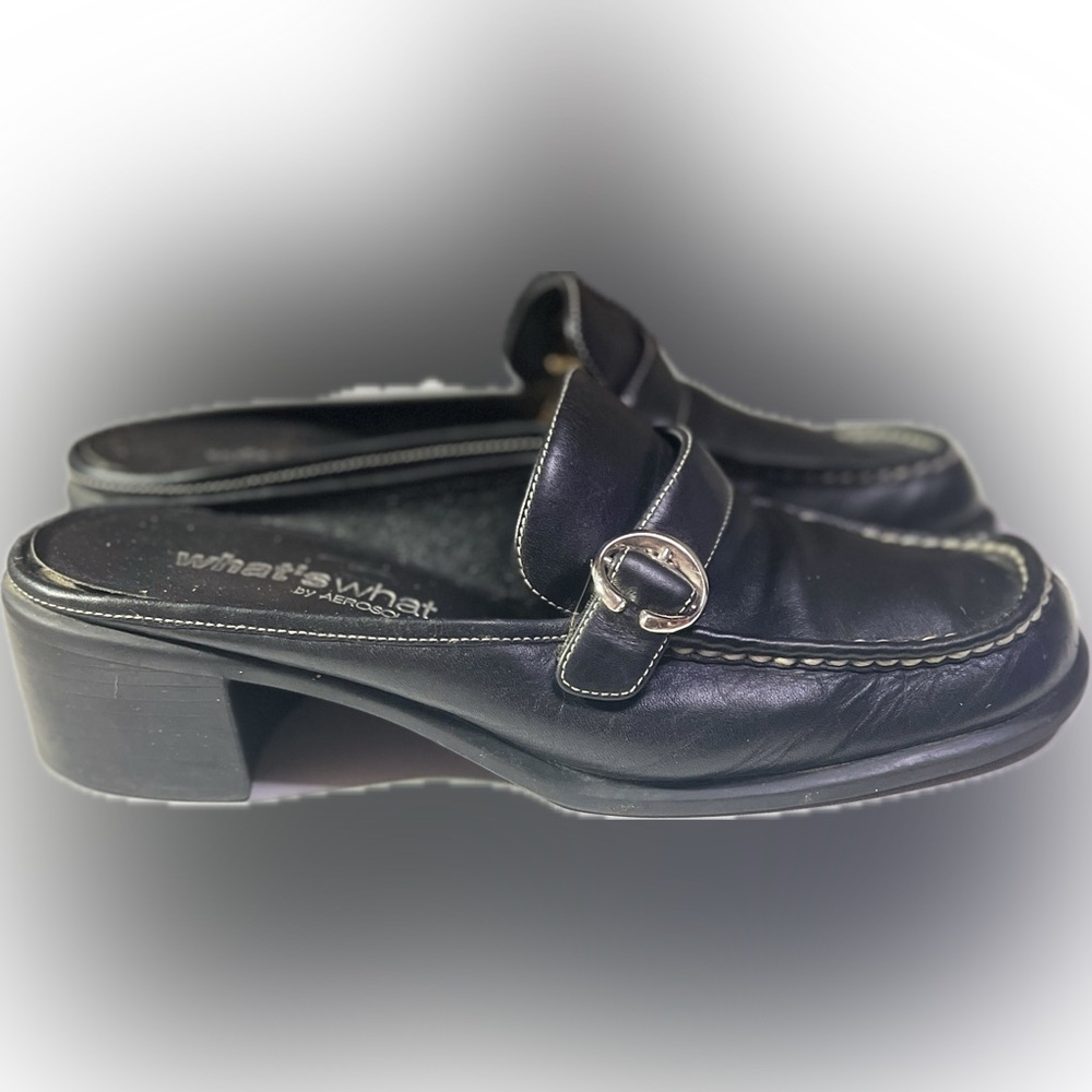 What's What by Aerosoles Mules Clog Slip Ons Women’s 8.5 M Black Leather 2" Heel